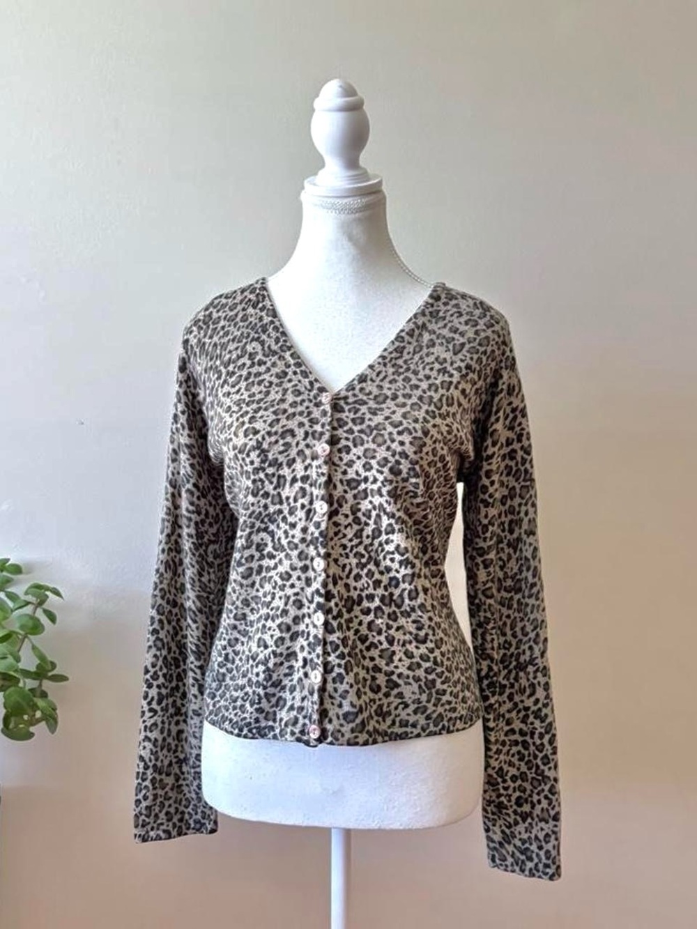 Leopard Print V-Neck Button Cardigan in Beige